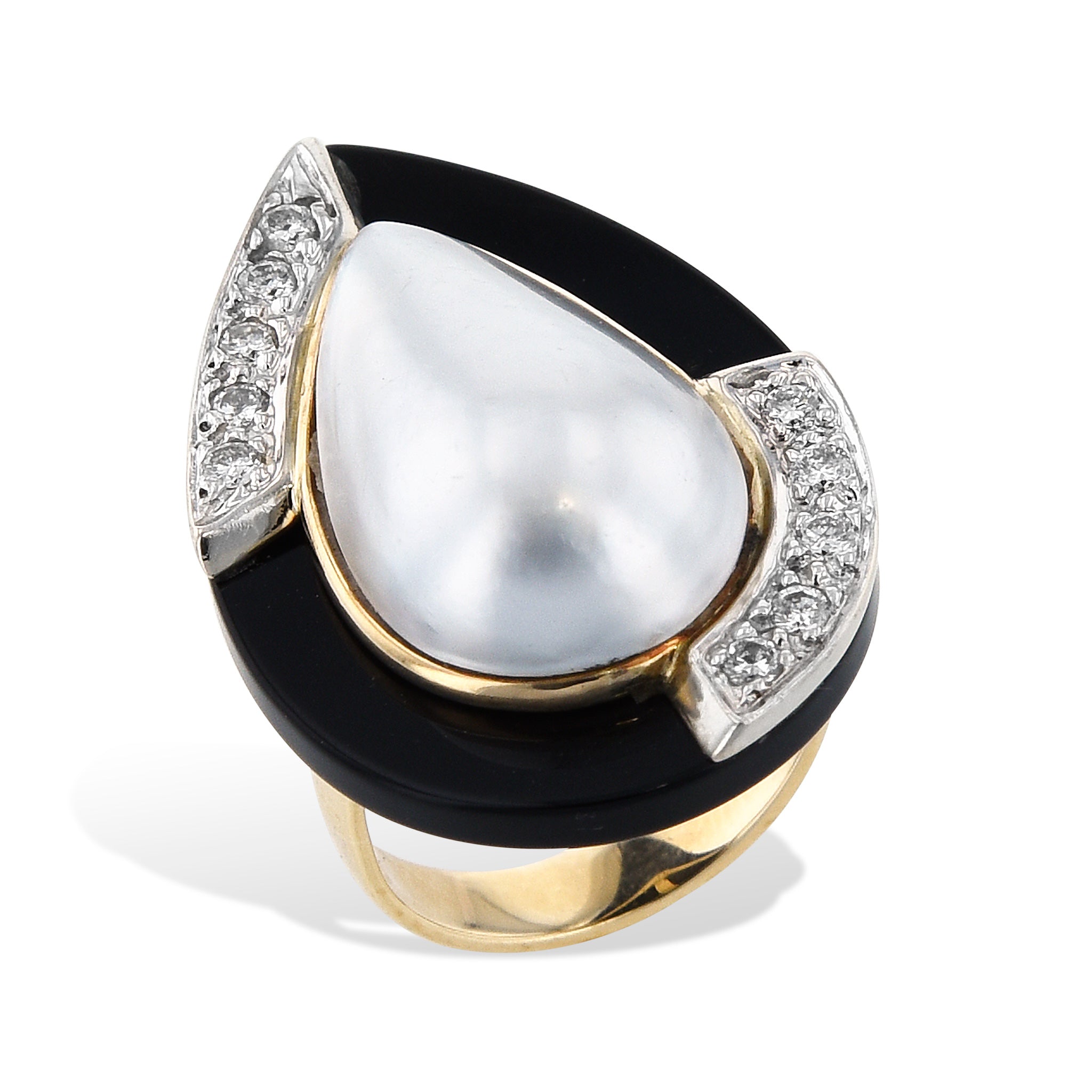 Mother of Pearl And Onyx 14K Yellow Gold Pave Diamond Estate Ring Rings Estate &amp; Vintage