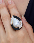 Mother of Pearl And Onyx 14K Yellow Gold Pave Diamond Estate Ring Rings Estate & Vintage