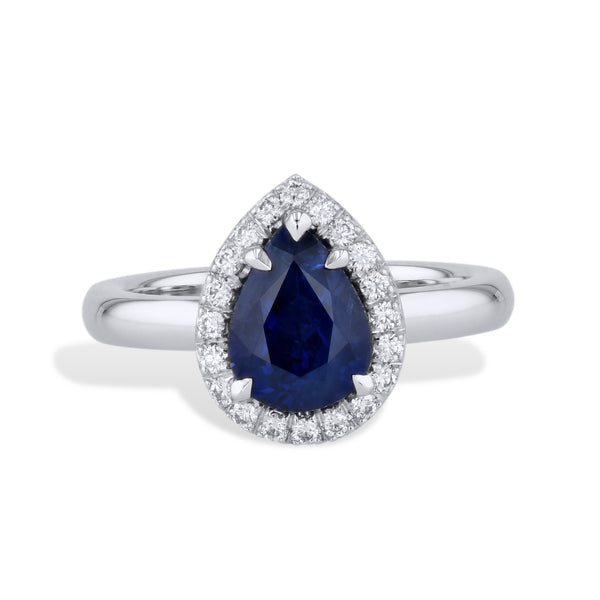 Royal Blue Pear Shaped Sapphire Pave Diamond Platinum Ring Rings H&H Jewels