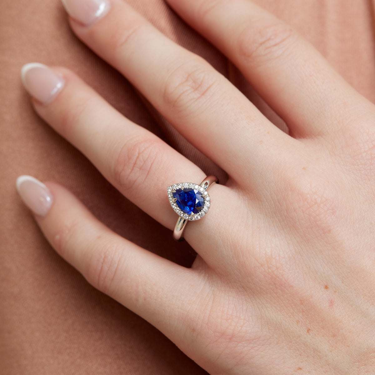 Royal Blue Pear Shaped Sapphire Pave Diamond Platinum Ring - Alternate View 2