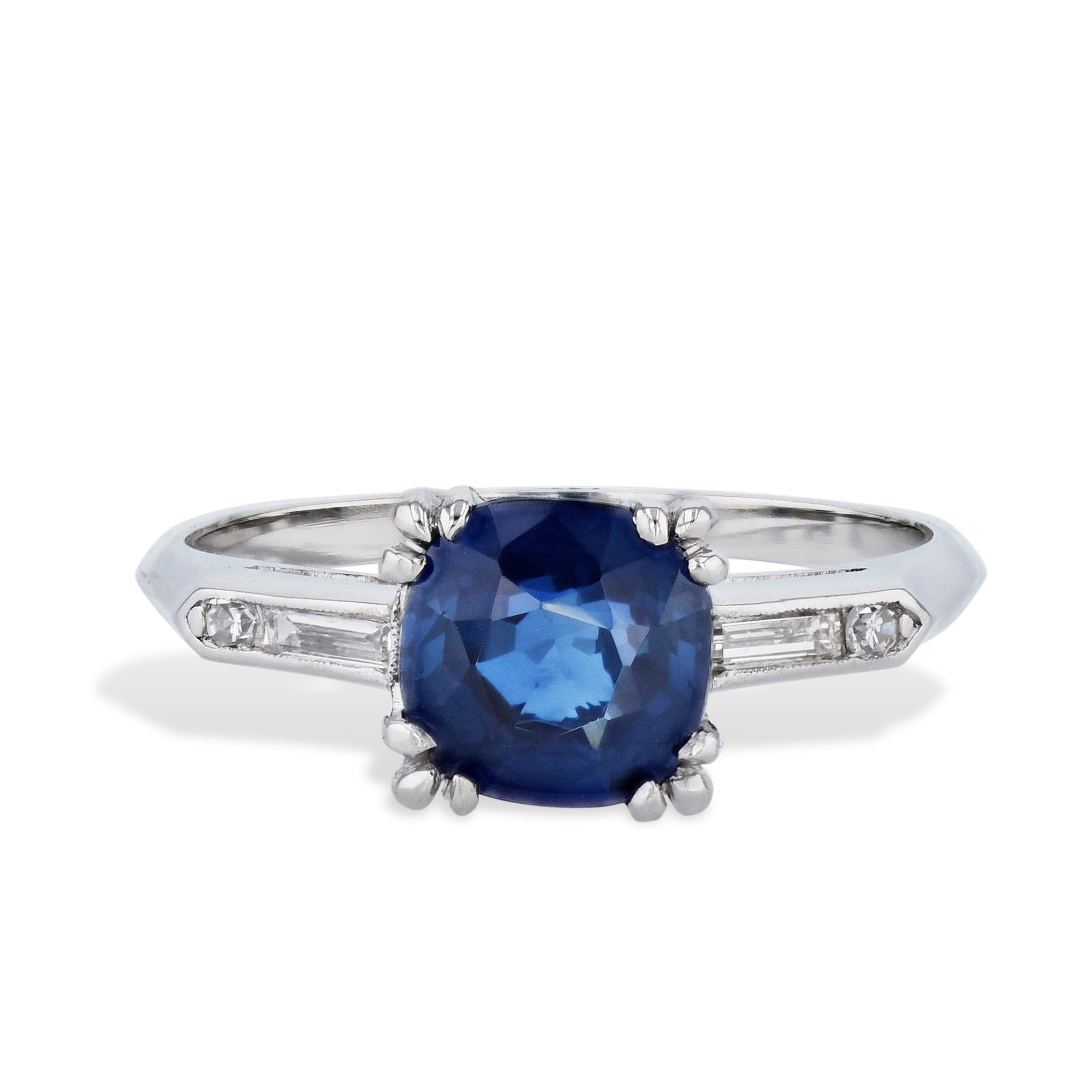 Cushion Cut Blue Sapphire and Diamond Platinum Ring Rings Estate &amp; Vintage