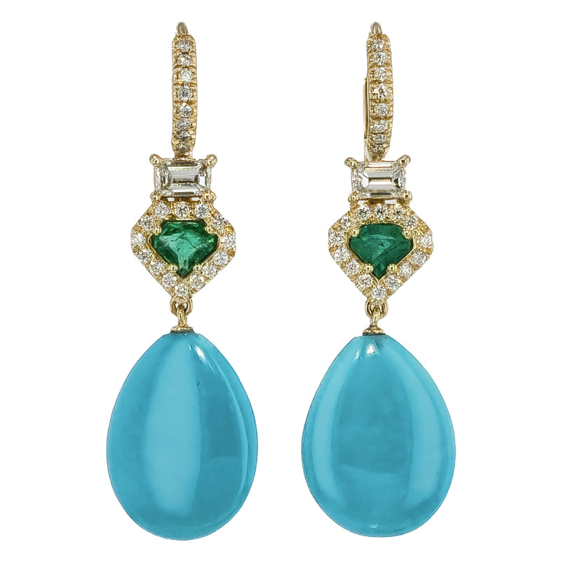 Turquiose Yellow Gold Emerald Cut and Diamond Pave Drop Earrings Earrings H&H Jewels
