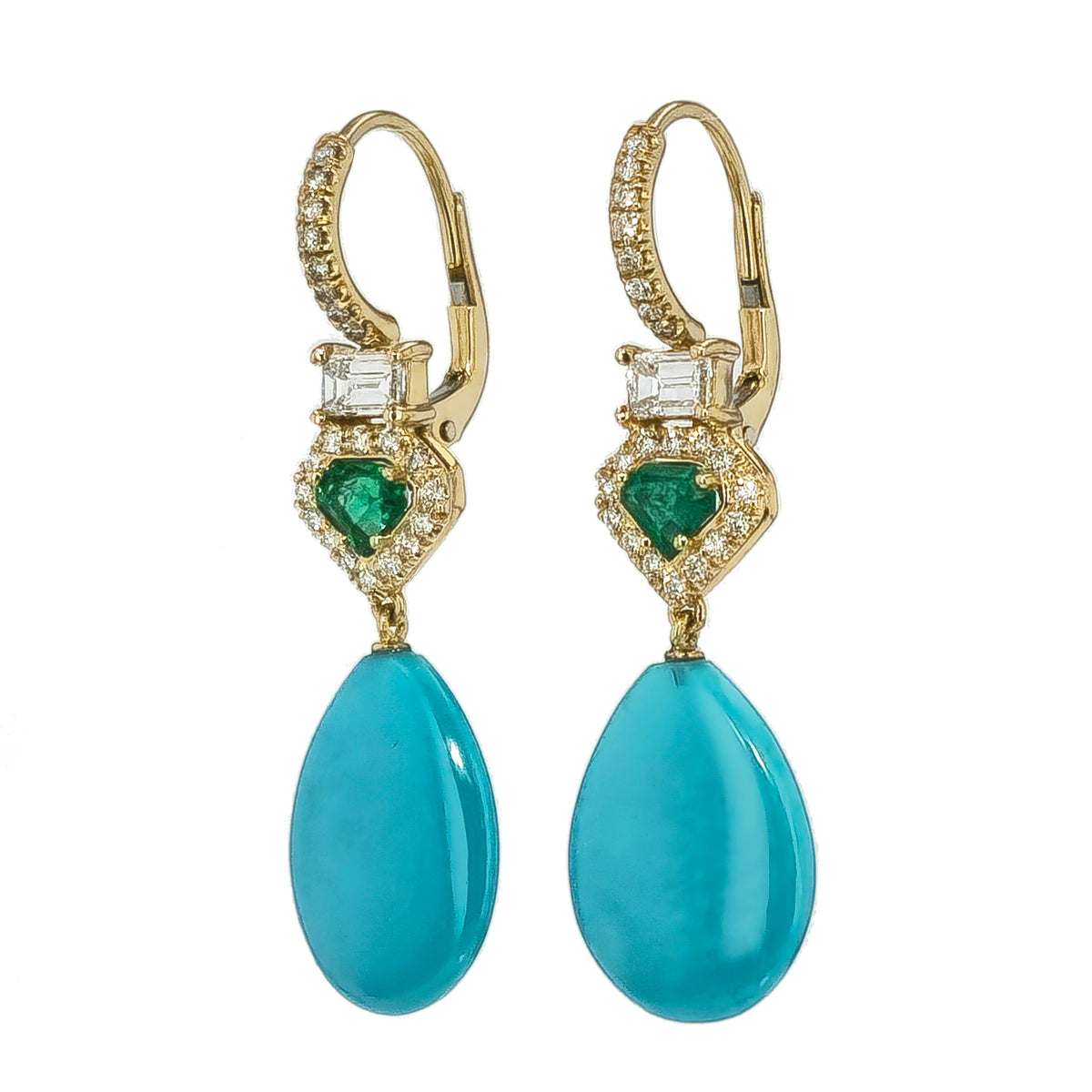 Turquiose Yellow Gold Emerald Cut and Diamond Pave Drop Earrings - Alternate View 1