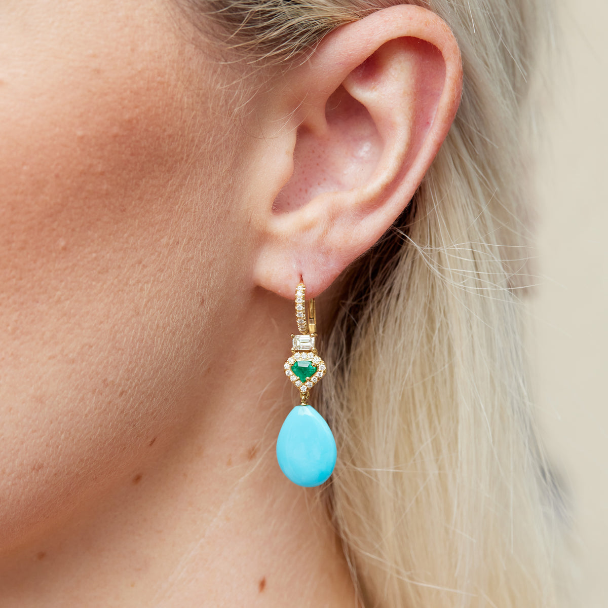 Turquiose Yellow Gold Emerald Cut and Diamond Pave Drop Earrings - Alternate View 2