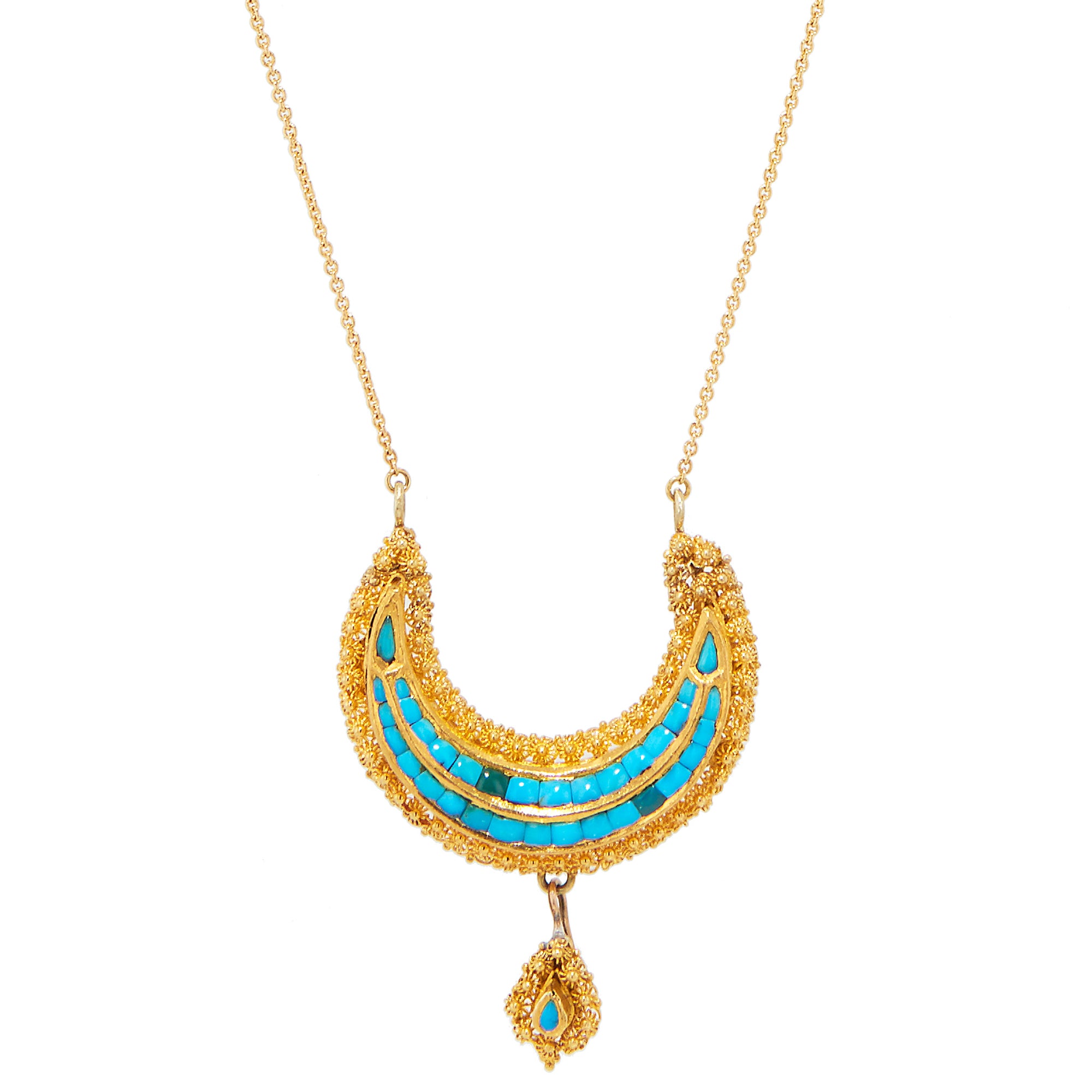 Victorian Natural Turquoise Yellow Gold Crescent Shape Pendant Necklace Necklaces Estate &amp; Vintage