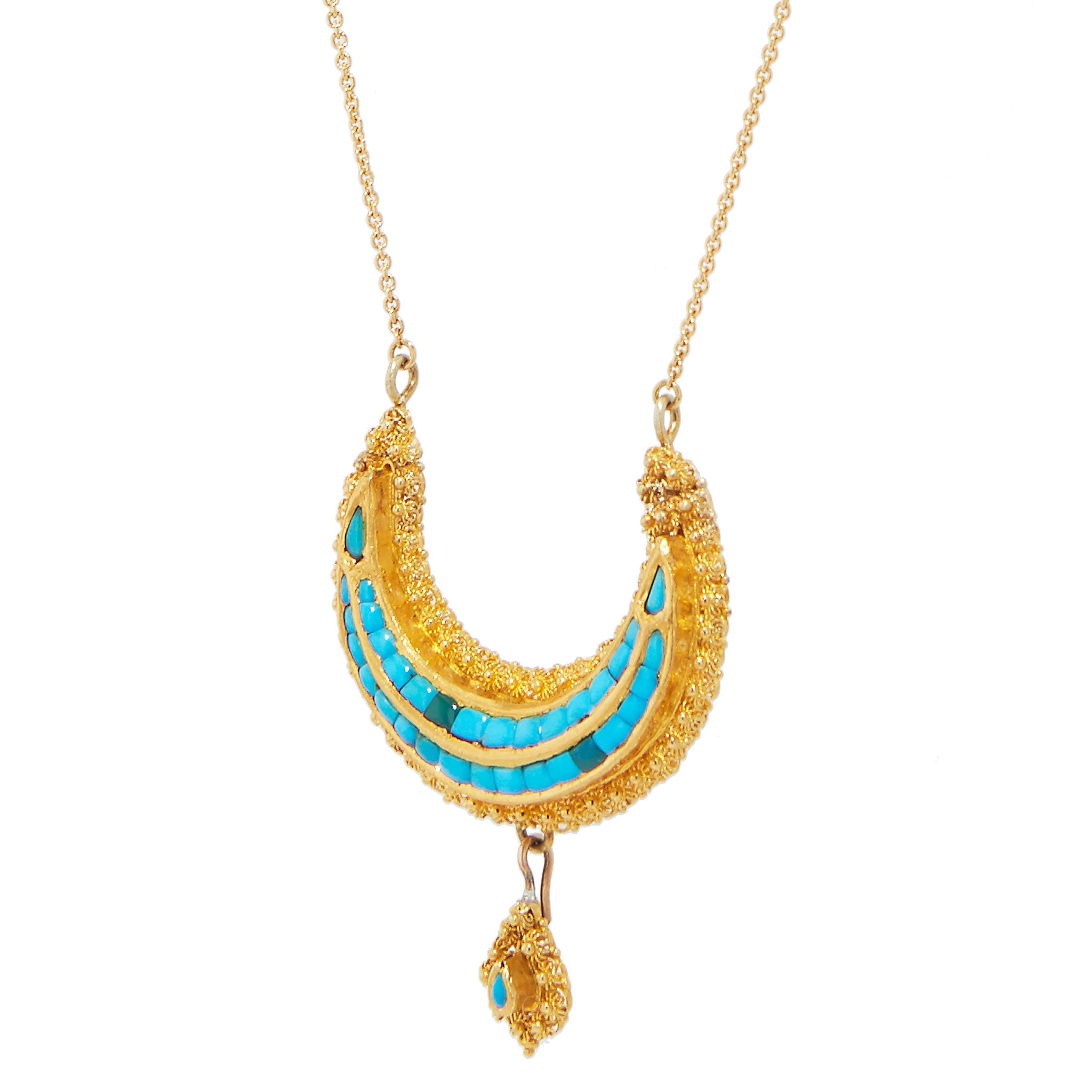 Victorian Natural Turquoise Yellow Gold Crescent Shape Pendant Necklace Necklaces Estate &amp; Vintage