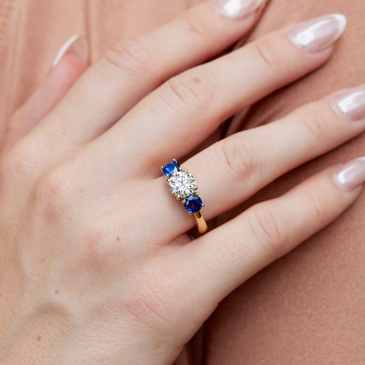 3-Stone Diamond and Sapphire Ring - Alternate View 1