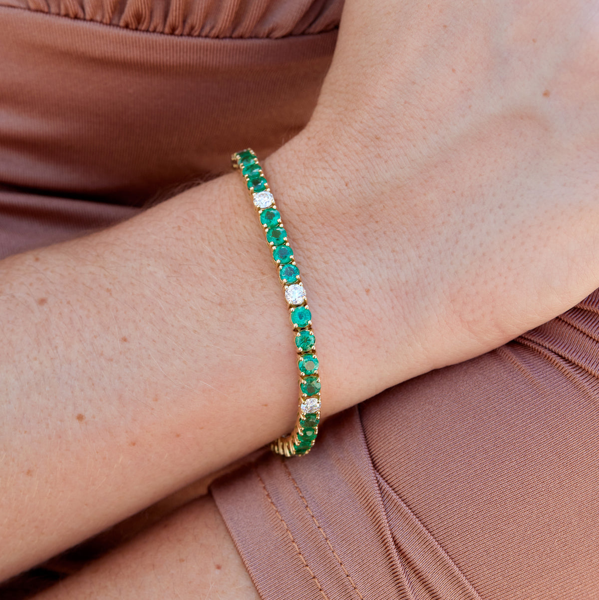 Emerald and Diamond Yellow Gold Tennis Bracelet - Alternate View 2
