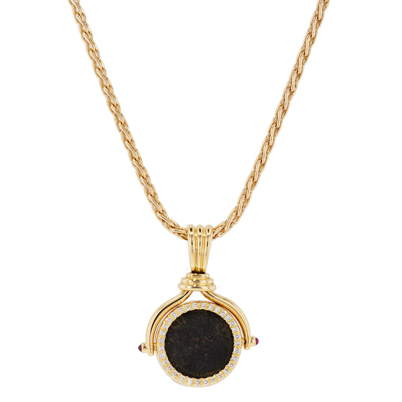 Yellow Gold Pave Diamond Bezel Set Bronze Roman Coin Pendant Necklace Necklaces Estate & Vintage