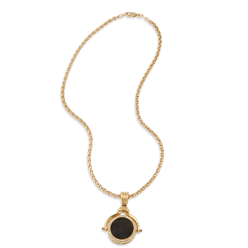 Yellow Gold Pave Diamond Bezel Set Bronze Roman Coin Pendant Necklace Necklaces Estate & Vintage