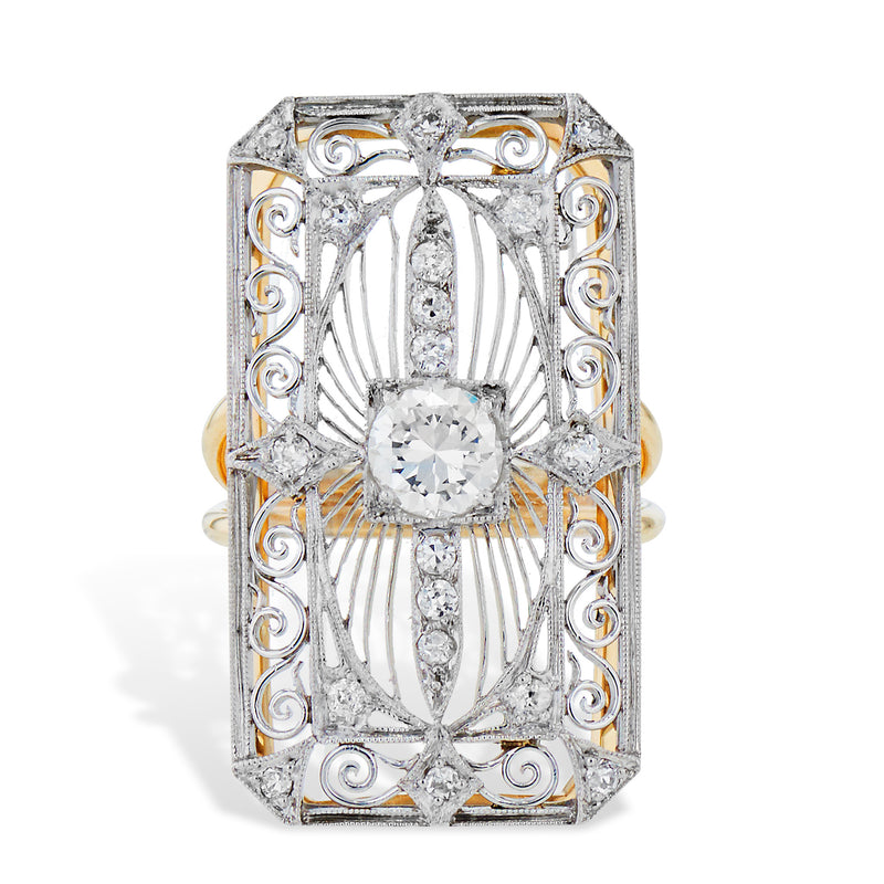 Art Deco Old European Cut Diamond Platinum and Yellow Gold Ring Rings Estate & Vintage