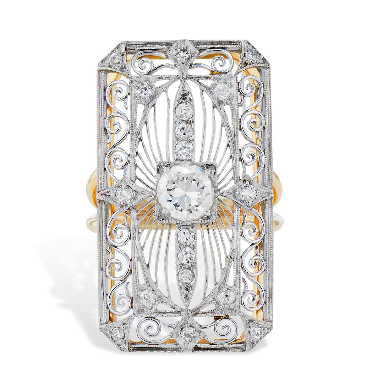 Art Deco Old European Cut Diamond Platinum and Yellow Gold Ring Rings Estate & Vintage
