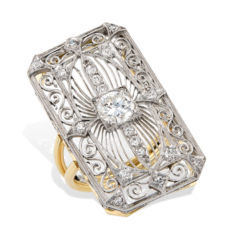 Art Deco Old European Cut Diamond Platinum and Yellow Gold Ring Rings Estate & Vintage