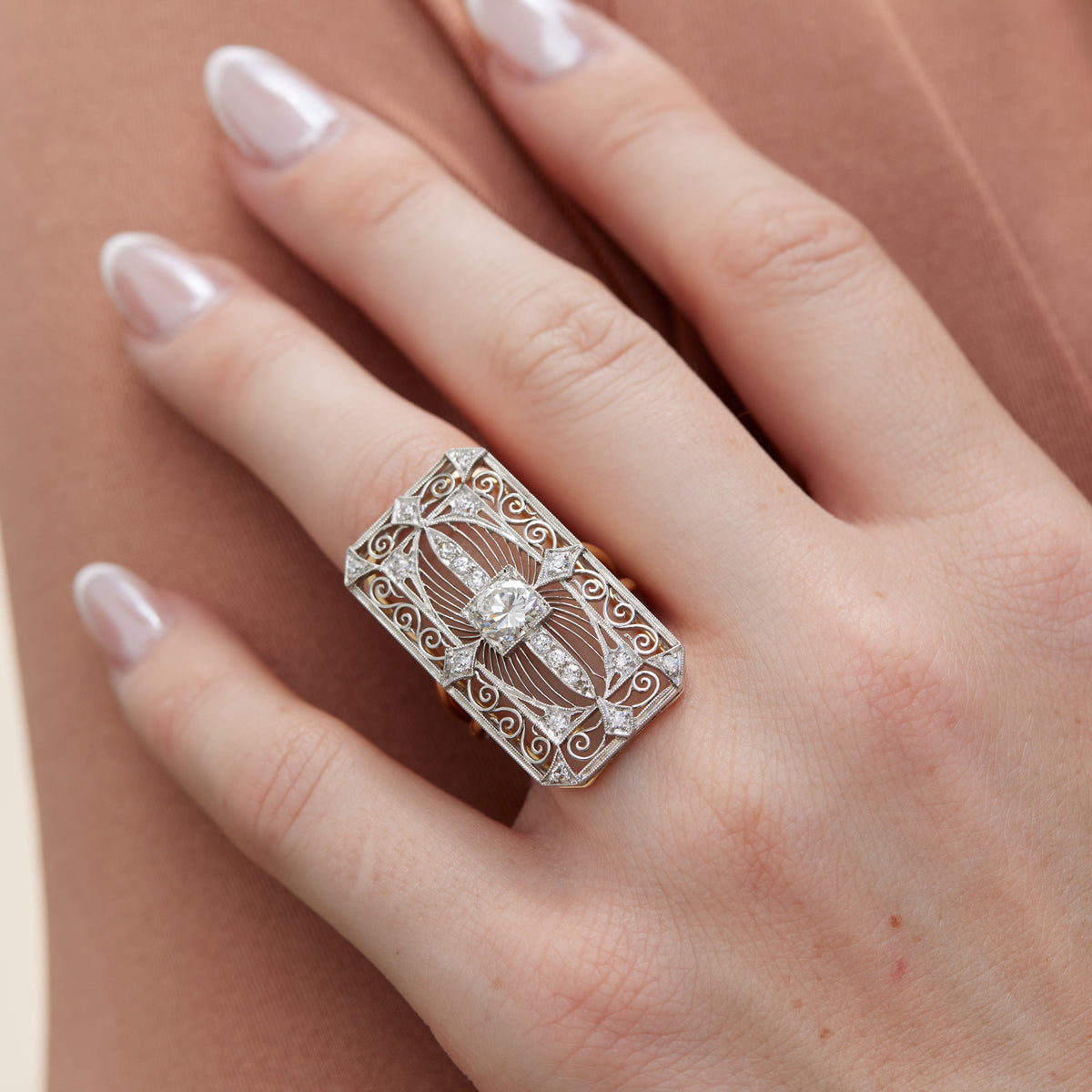 Art Deco Old European Cut Diamond Platinum and Yellow Gold Ring - Alternate View 2