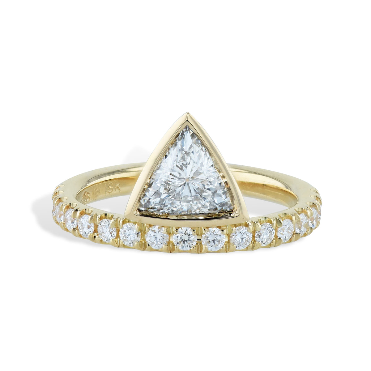Trillion Bezel Set Diamond with Yellow Gold Diamond Band Rings H&H Jewels