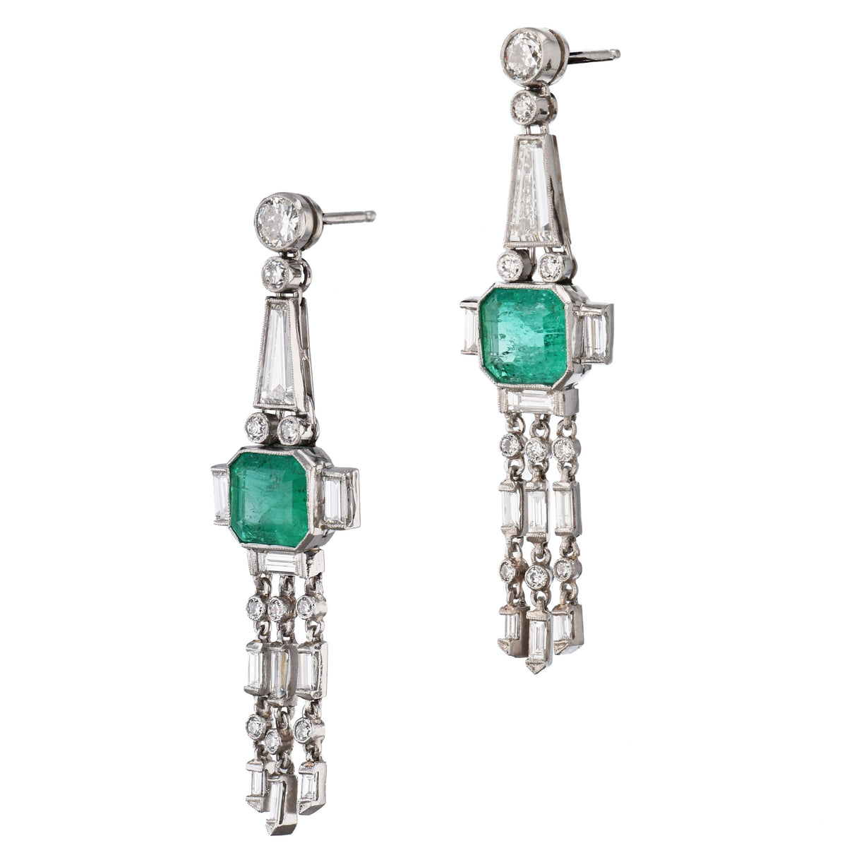 Platinum Diamond Deco Emerald Earrings - Alternate View 1