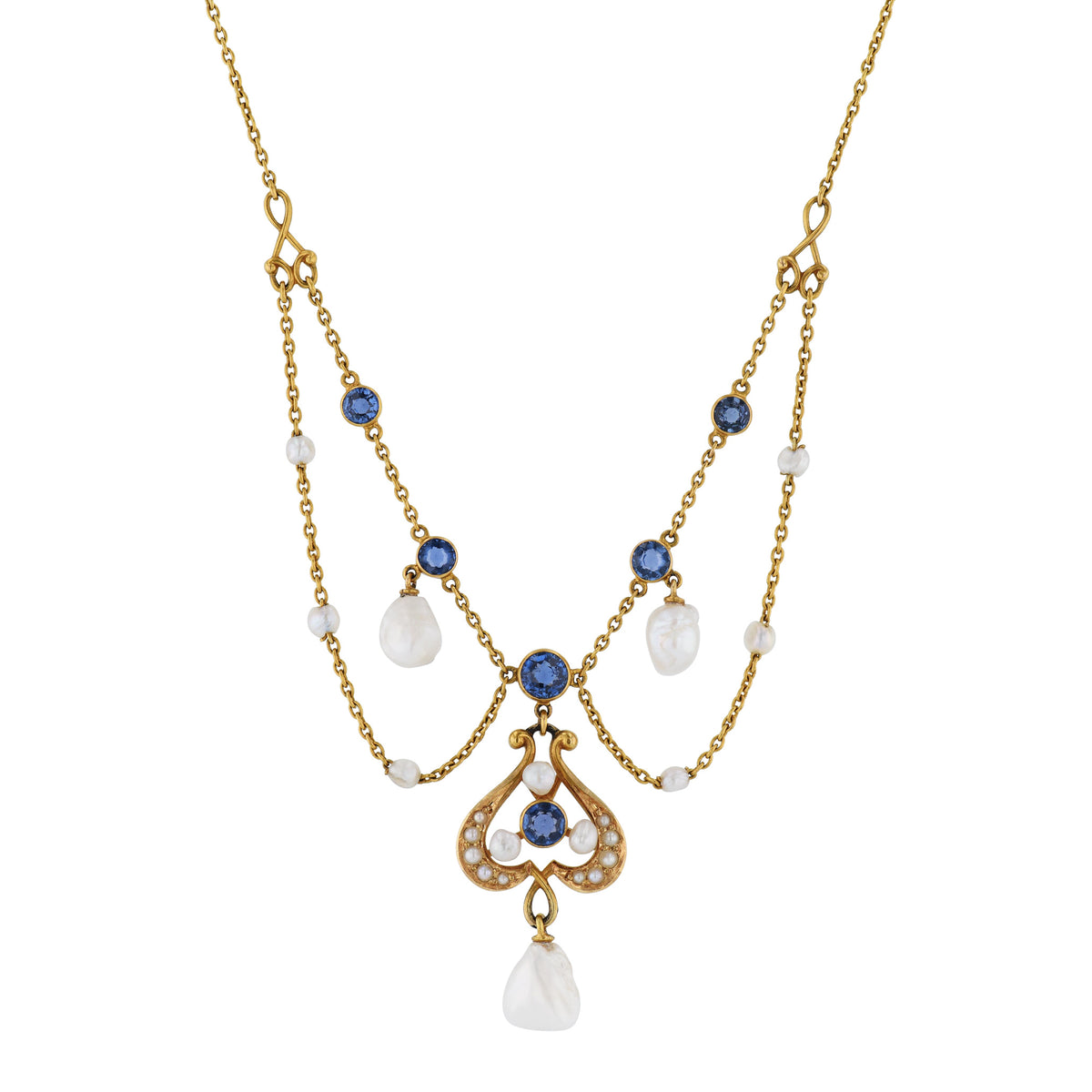 Antique Yogo Sapphire and Pearl Yellow Gold Necklace Necklaces Estate & Vintage