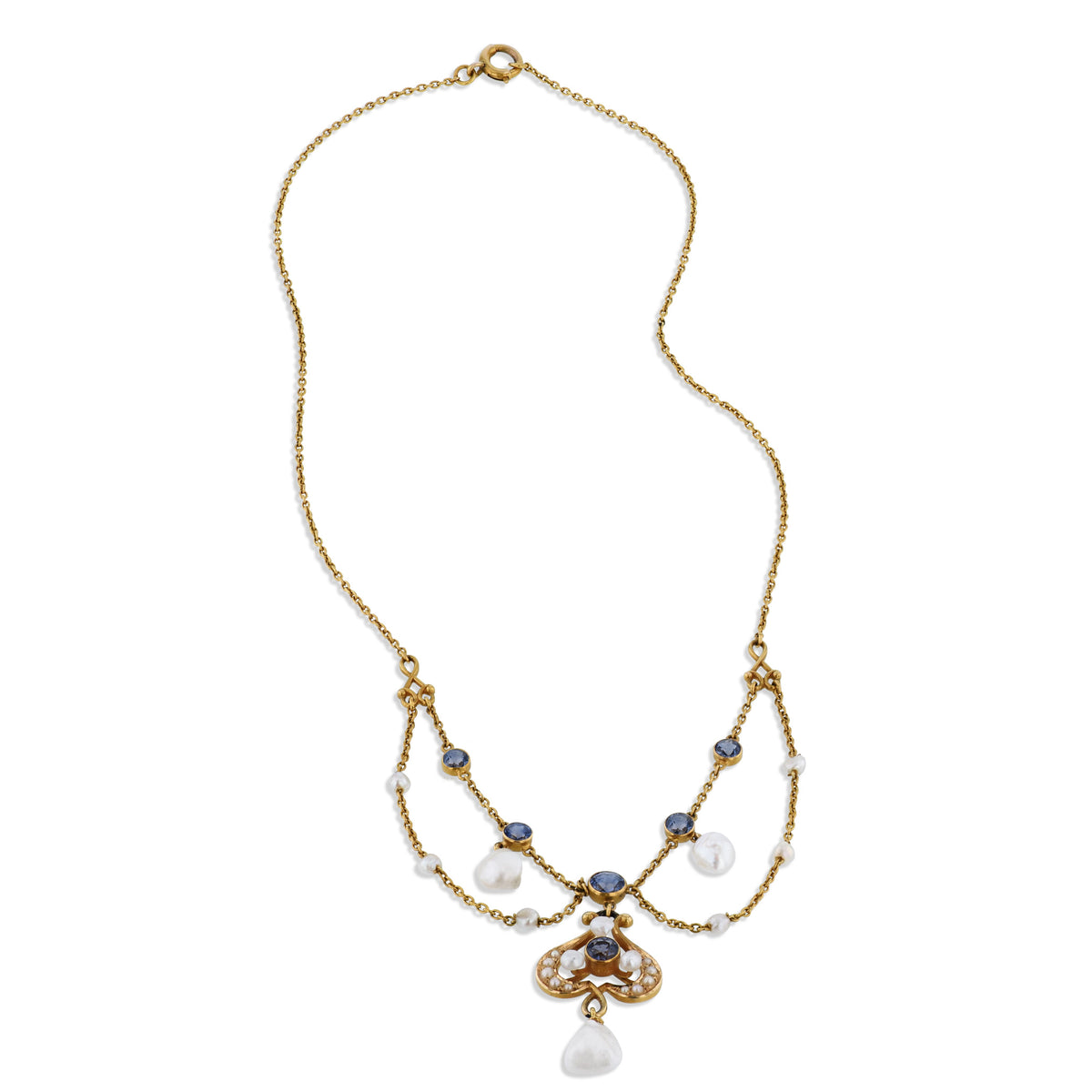 Antique Yogo Sapphire and Pearl Yellow Gold Necklace - Alternate View 1