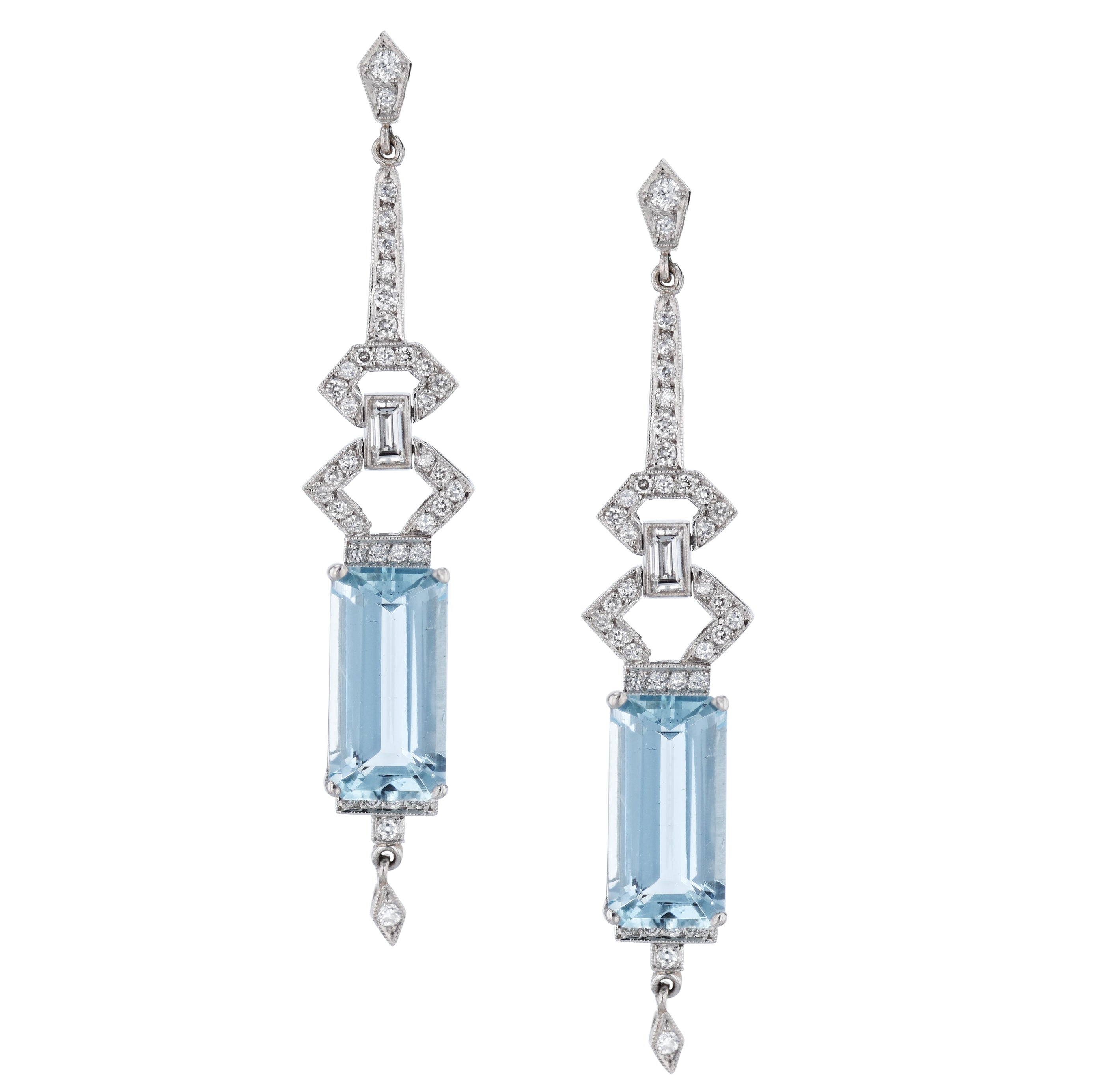 Platinum Diamond Aquamarine Drop Earrings Earrings Curated by H