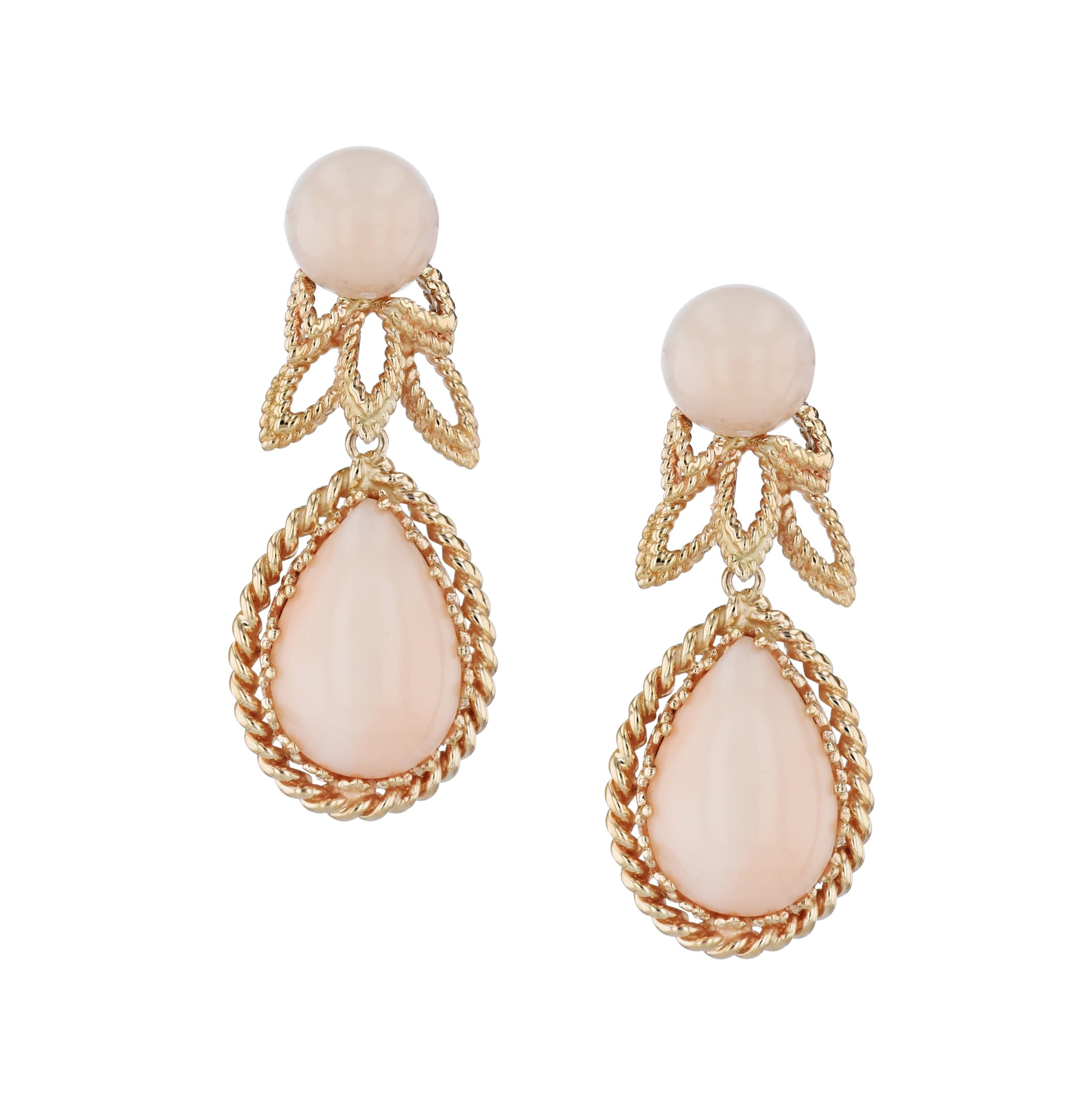Light Pink Coral Yellow Gold Estate Drop Earrings Earrings Estate & Vintage
