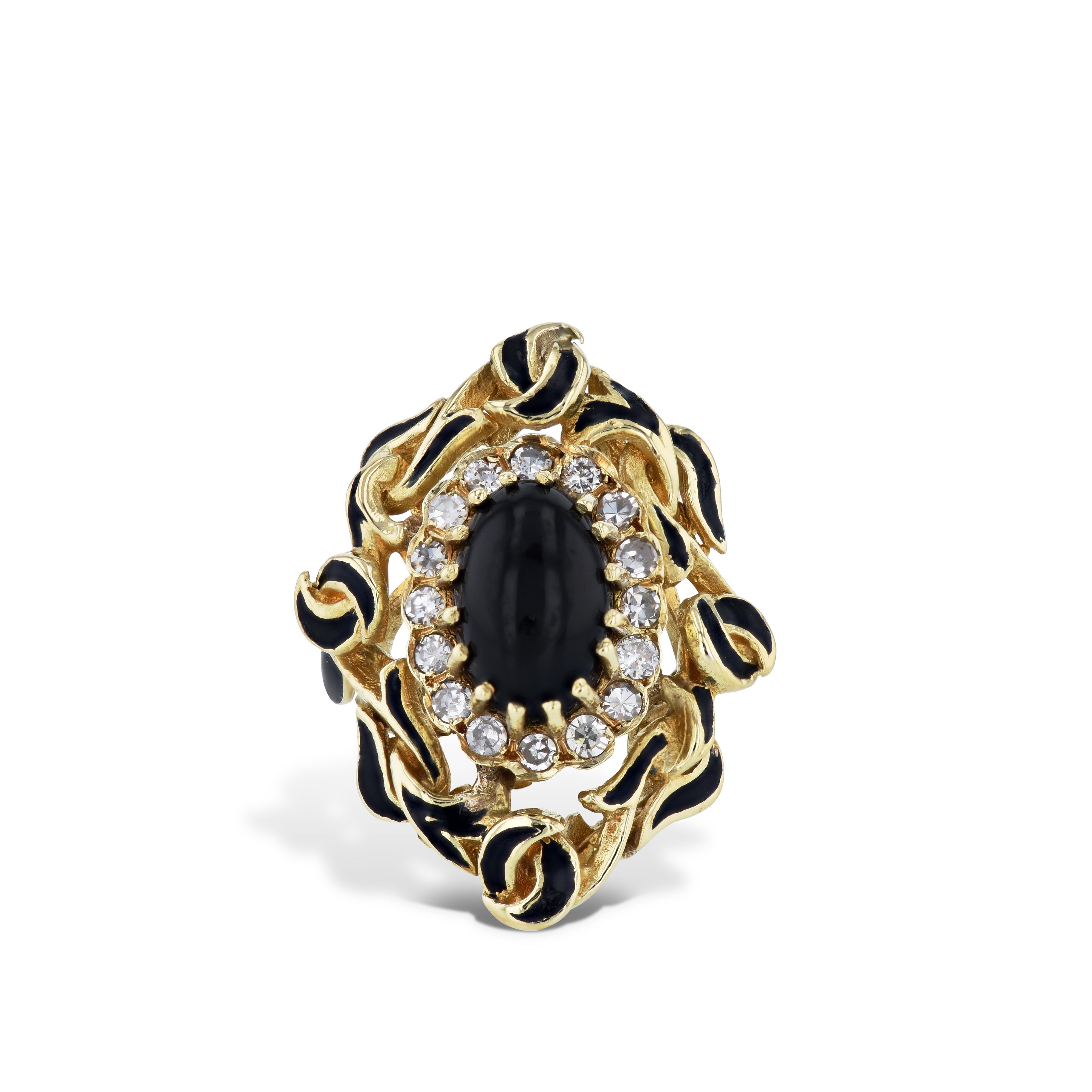Oval Black Onyx, Diamond and Enamel Yellow Gold Estate Ring Rings Estate & Vintage