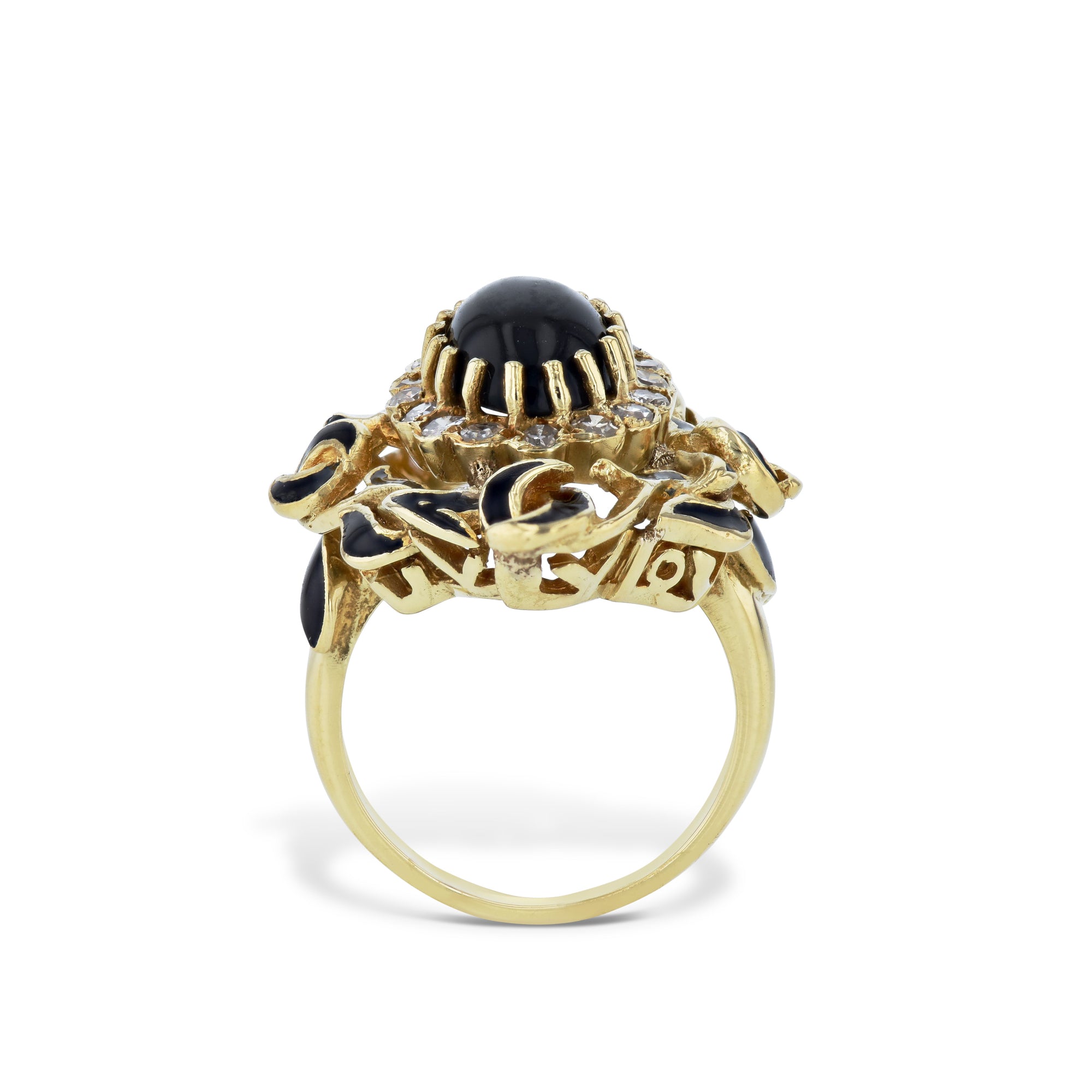 Oval Black Onyx, Diamond and Enamel Yellow Gold Estate Ring Rings Estate &amp; Vintage