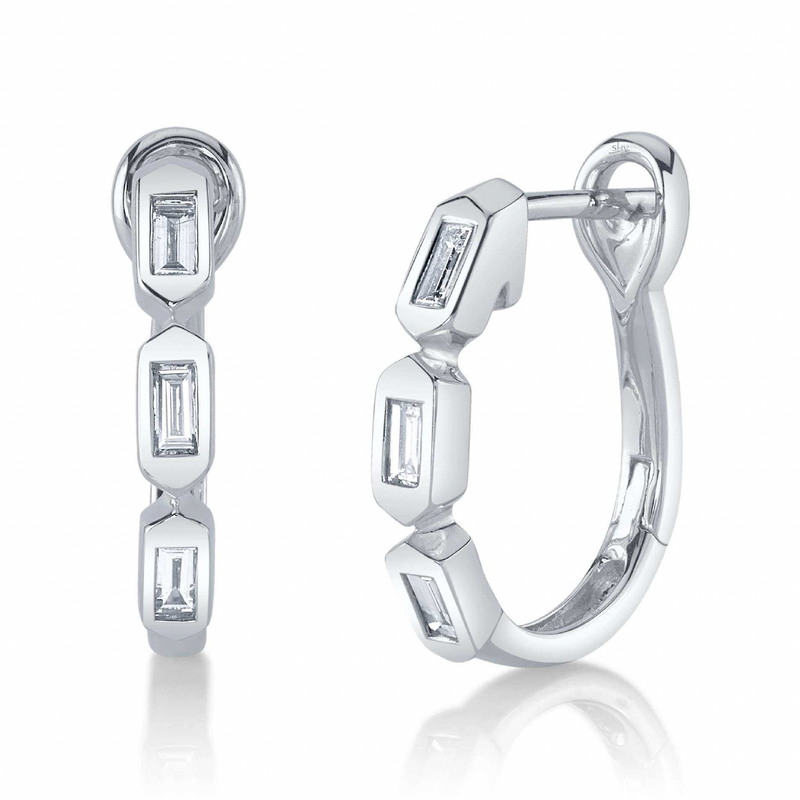White Gold Diamond Baguette Oval Huggie Earrings Earrings Shy Creation