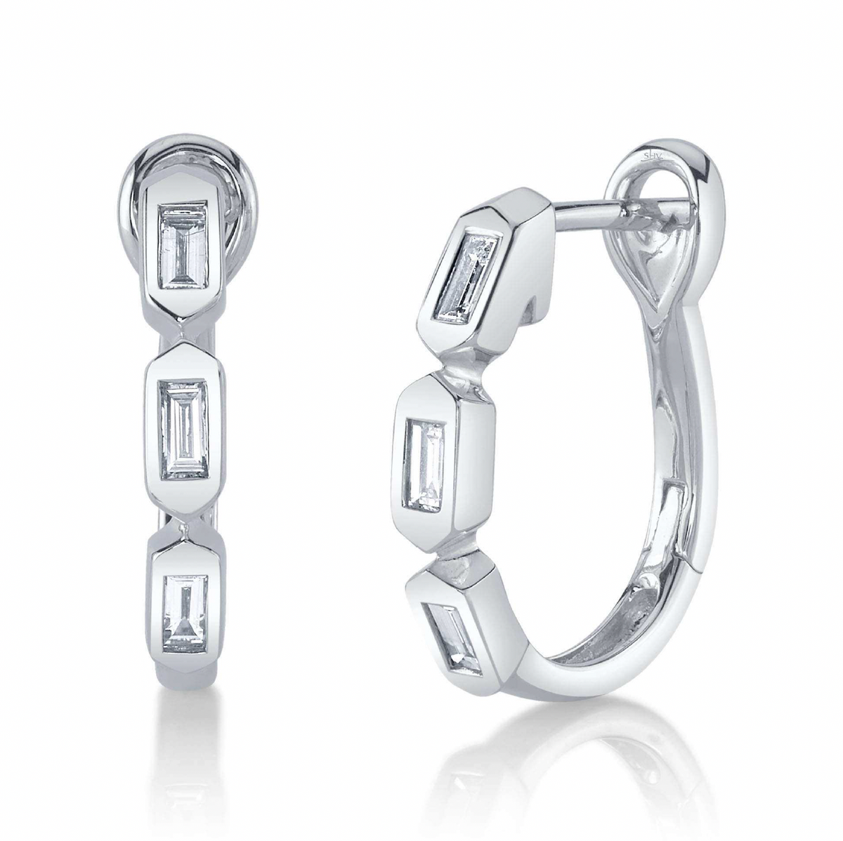 White Gold Diamond Baguette Oval Huggie Earrings Earrings Shy Creation