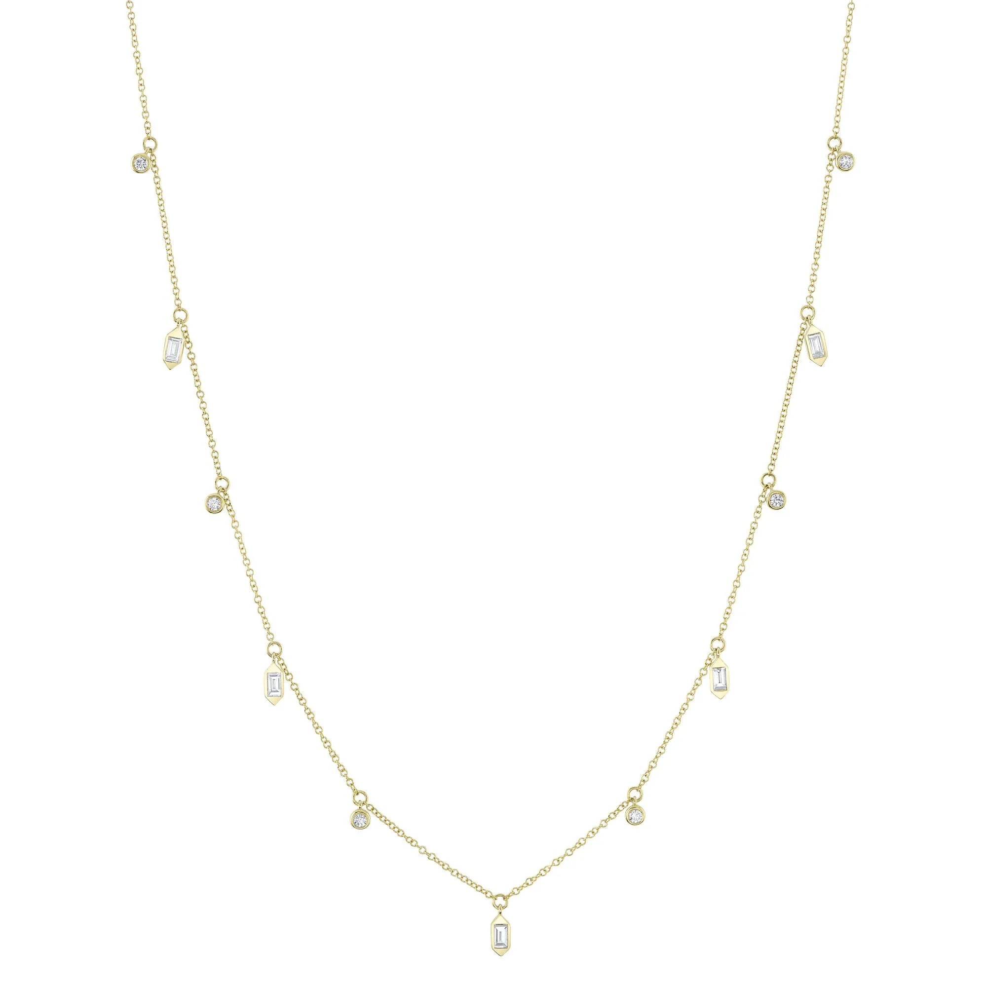 Yellow Gold Baguette &amp; Round Diamond Bezel Set Necklace Necklaces Gift Giving