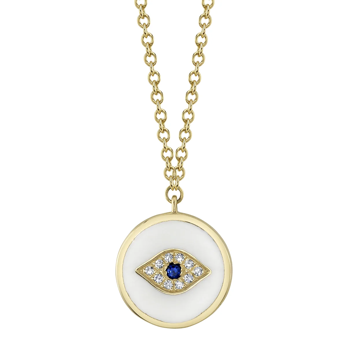 Yellow Gold White Enamel Diamond Sapphire Eye Pendant Necklace Necklaces Gift Giving