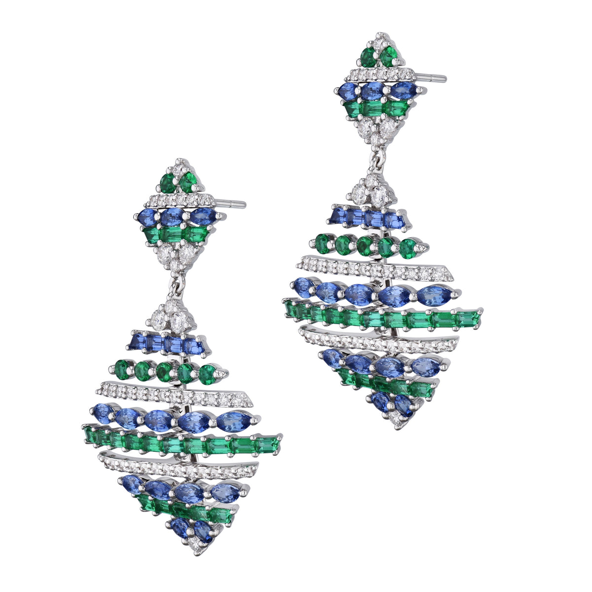 Sapphire Emerald and Diamond White Gold Drop Earrings - Alternate View 1