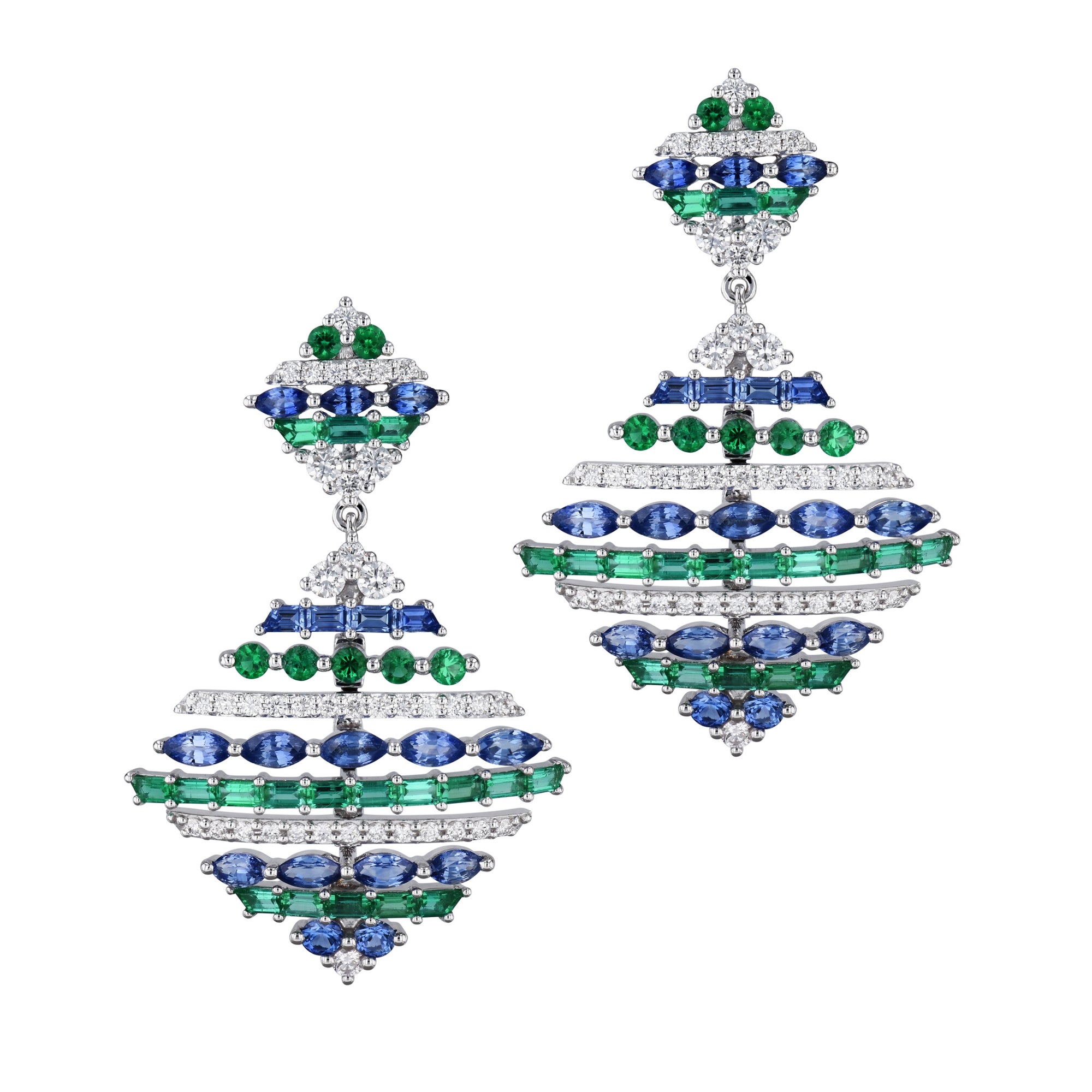 Sapphire Emerald and Diamond White Gold Drop Earrings Earrings Curated by H