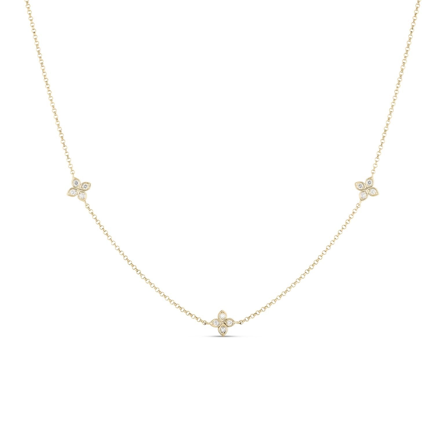 18K Yellow Gold 3 Station Flower Diamonds by the Inch Necklace Necklaces Roberto Coin