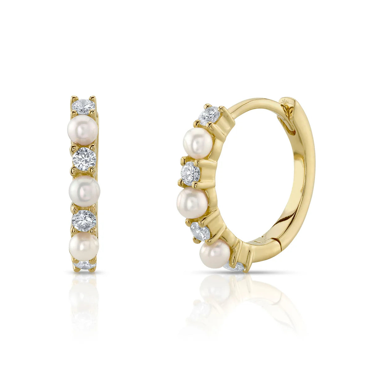 Yellow Gold Pearl Diamond Huggie Earrings Earrings Gift Giving