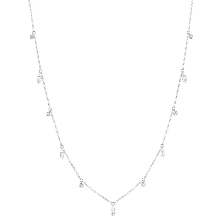 White Gold Baguette &amp; Round Diamond Bezel Set Necklace Necklaces Shy Creation