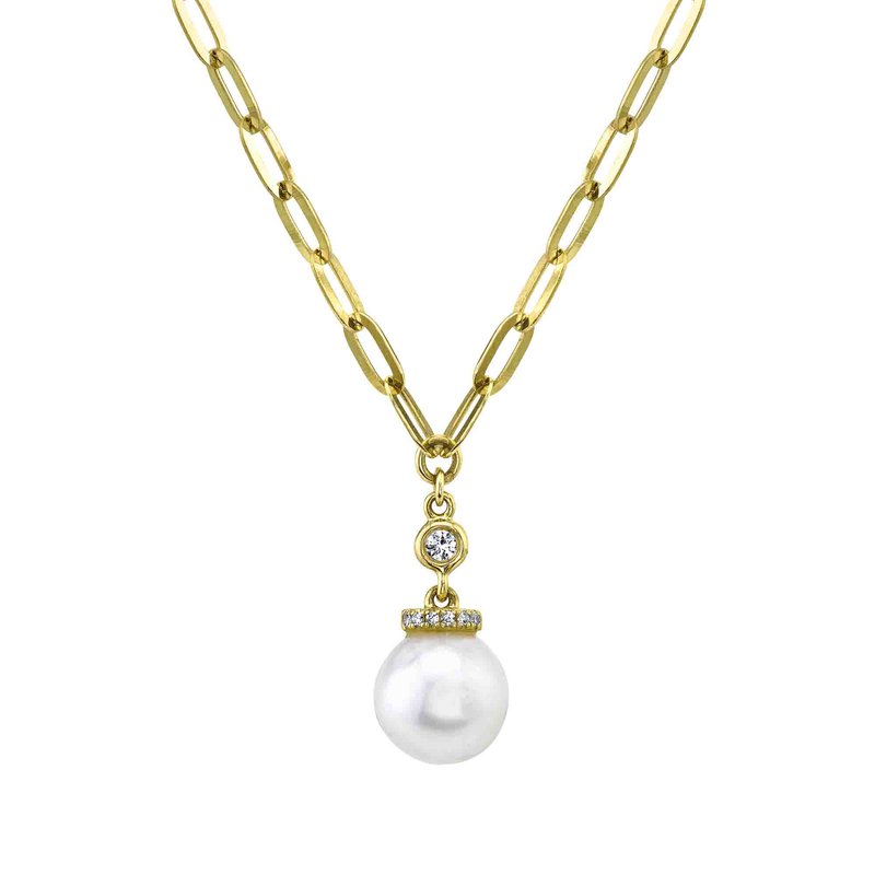 Yellow Gold Diamond Pearl Drop Pendant Paperclip Necklace Necklaces Gift Giving