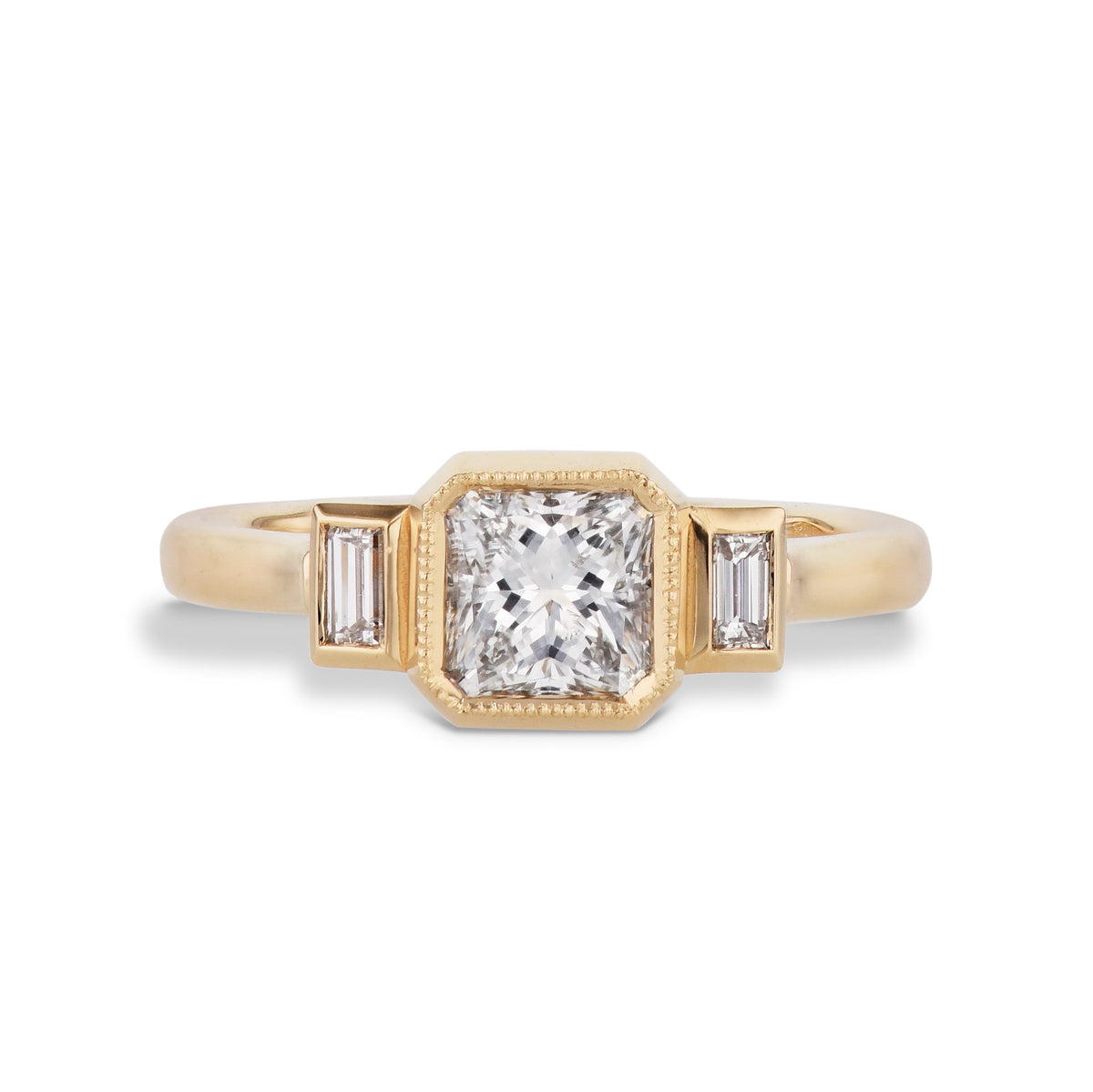 Diamond and Bezel Set Baguette Yellow Gold Engagement Ring Rings H&H Jewels