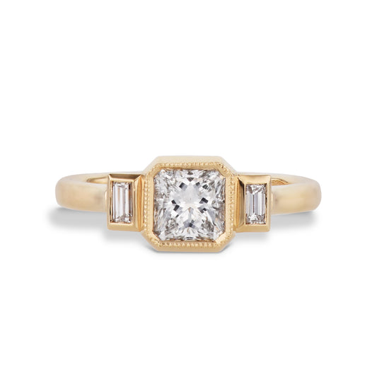 Diamond and Bezel Set Baguette Yellow Gold Engagement Ring Rings H&H Jewels
