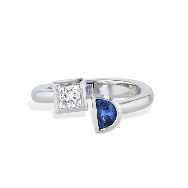 Princess Cut Diamond and Half Moon Sapphire Moi et Toi Ring Rings H&H Jewels