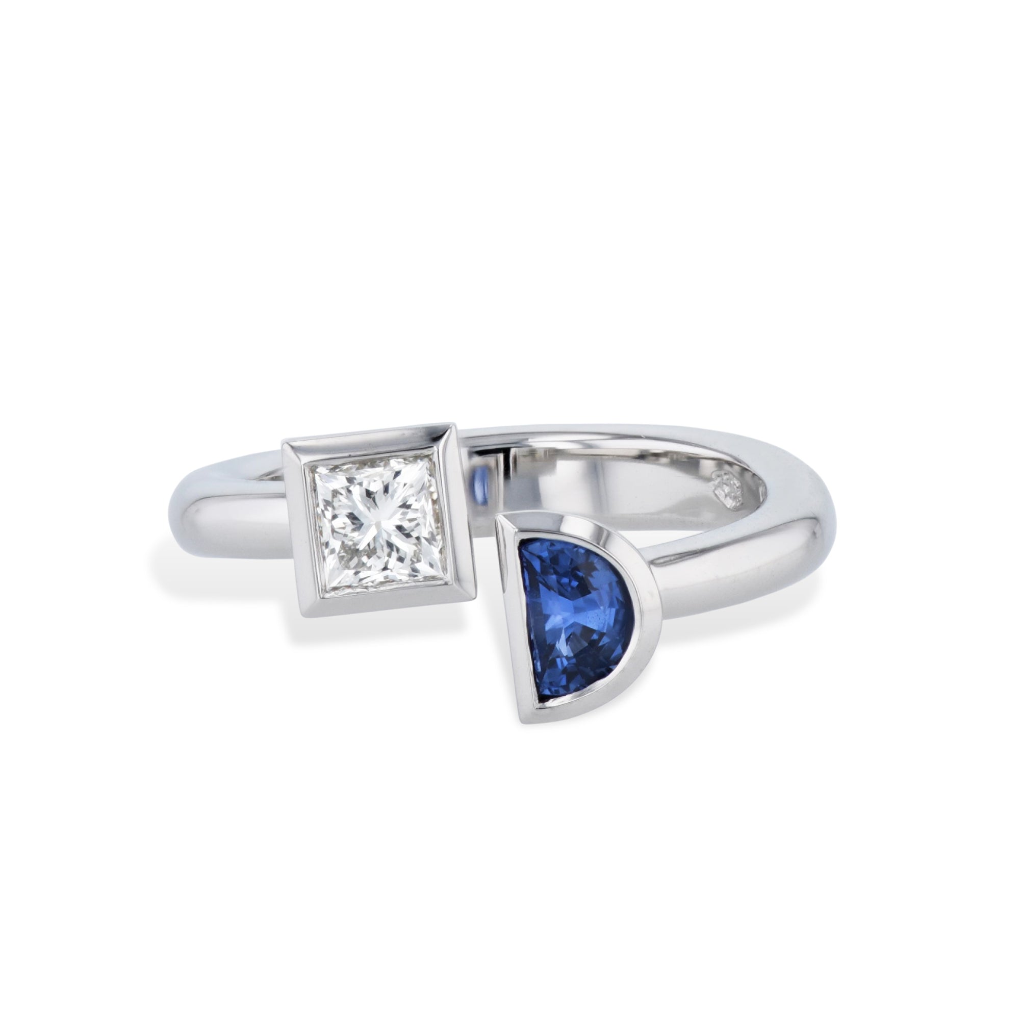 Princess Cut Diamond and Half Moon Sapphire Moi et Toi Ring Rings H&amp;H Jewels