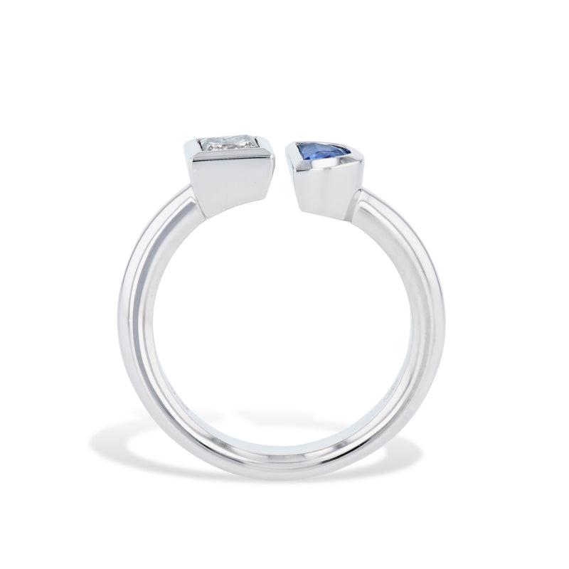 Princess Cut Diamond and Half Moon Sapphire Moi et Toi Ring Rings H&H Jewels