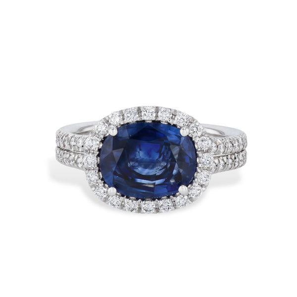Cushion Blue Sapphire Pave Diamond Platinum Ring Rings H&H Jewels