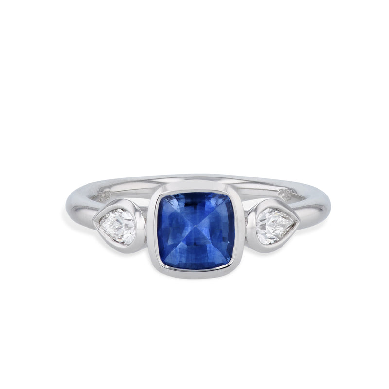 Blue Sapphire and Pear Shaped Diamonds Platinum Ring Rings H&H Jewels