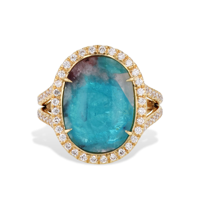 Oval Paraiba Tourmaline Cabochon Diamond Yellow Gold Ring Rings H&H Jewels