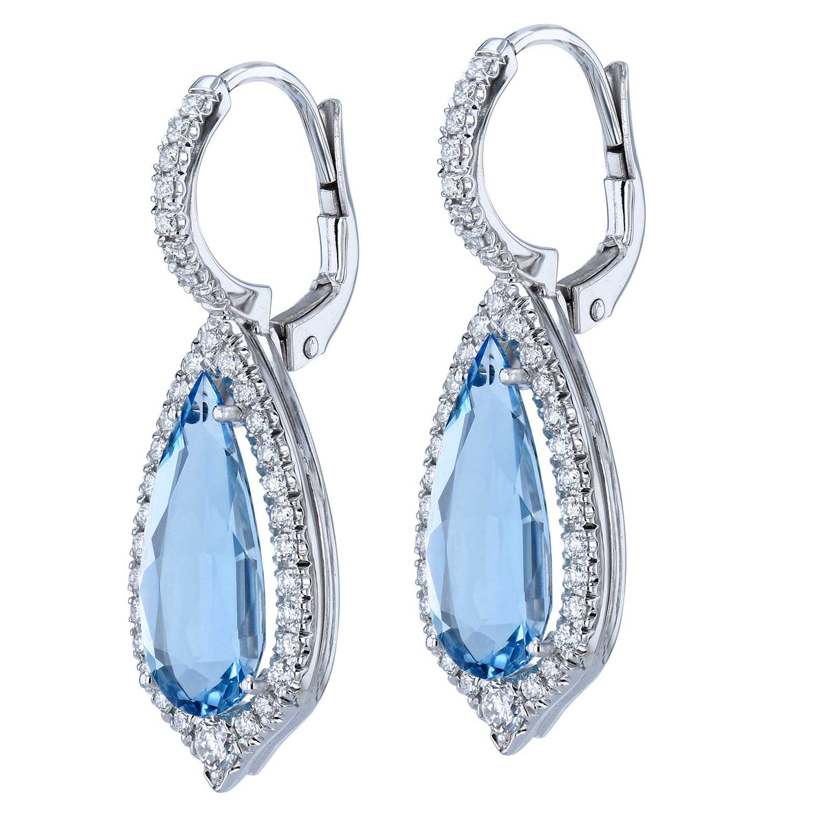 Aquamarine Elongated Pear cut White Gold Diamond Pave Drop Earrings - Alternate View 1