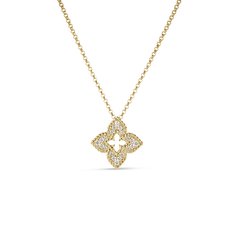 18kt Yellow Gold Small Diamond Venetian Princess Flower Pendant Necklace Necklaces Roberto Coin