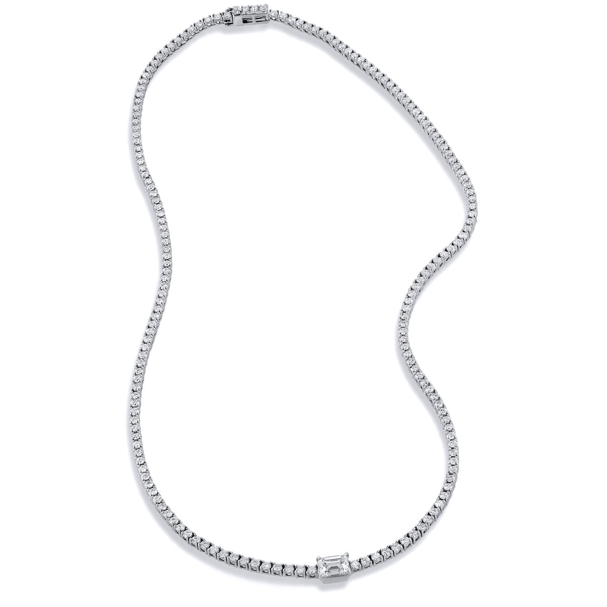 Emerald Cut Center 18kt White Gold Diamond Tennis Necklace - Alternate View 1