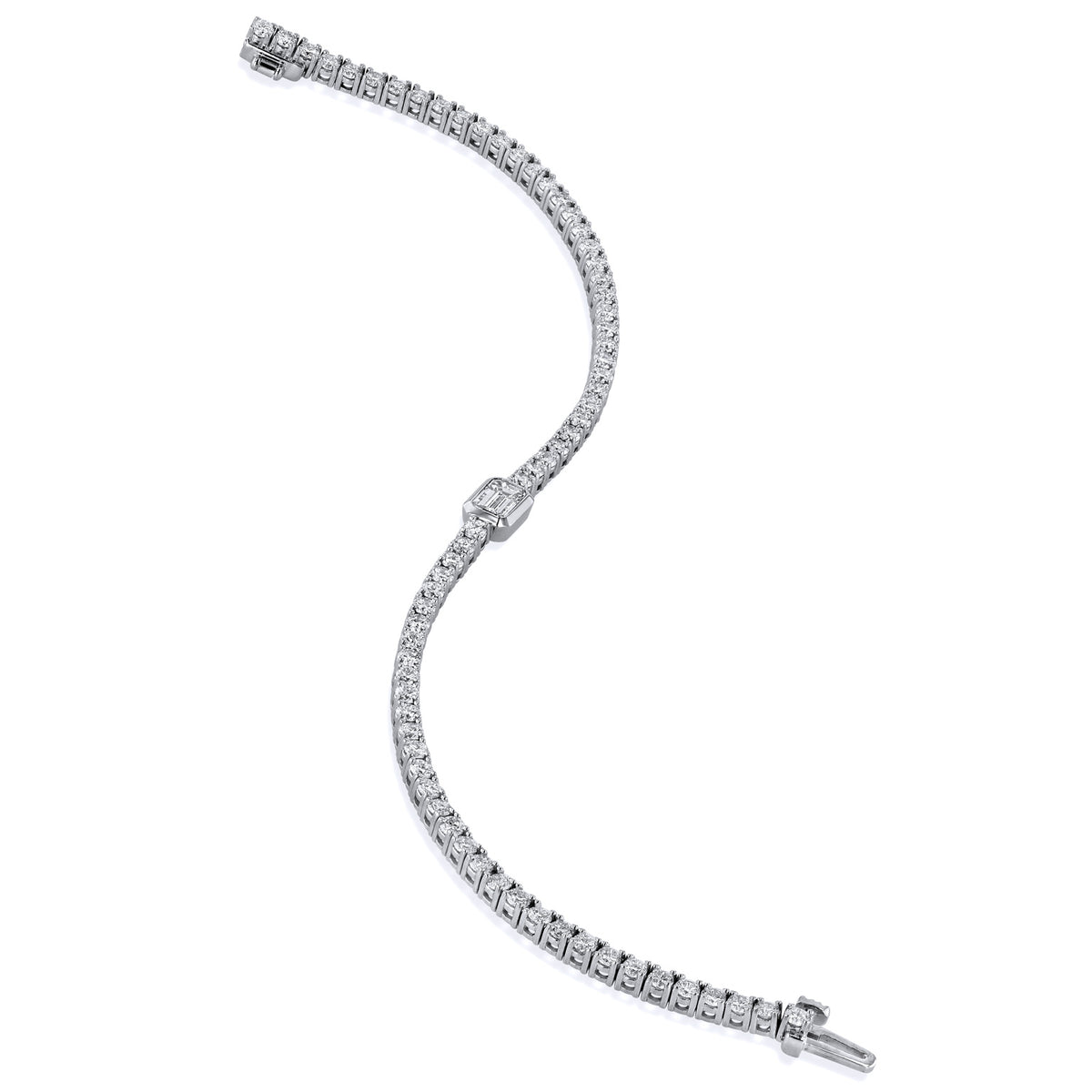 Center Emerald Cut Diamond White Gold Tennis Bracelet - Alternate View 2
