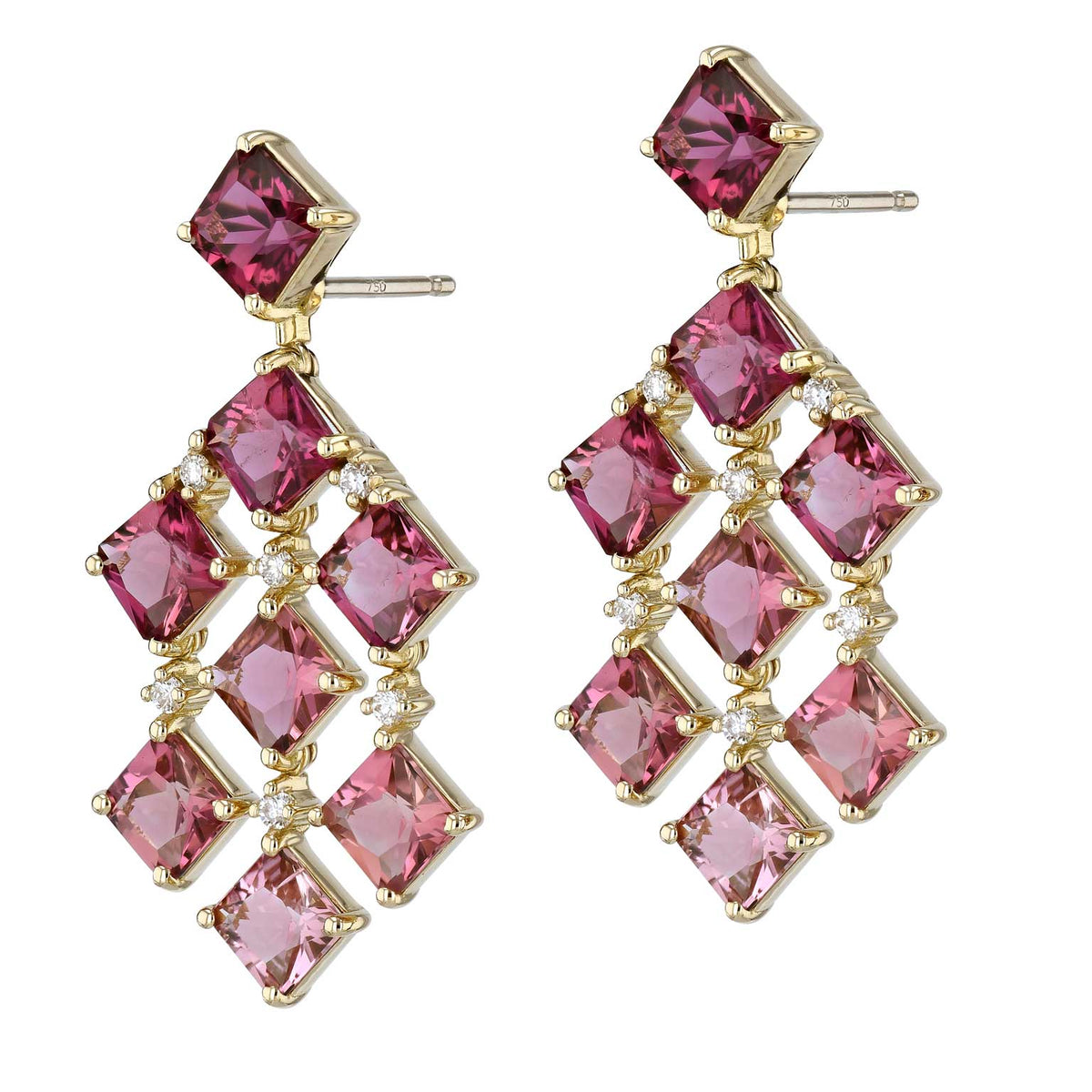 Pink Ombre Tourmaline Yellow Gold Diamond Drop Earrings - Alternate View 2