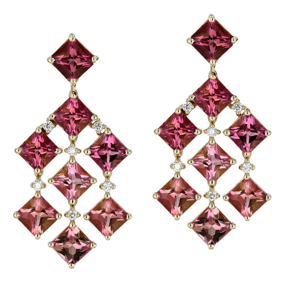 Pink Ombre Tourmaline Yellow Gold Diamond Drop Earrings Earrings H&H Jewels